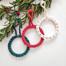 Load image into Gallery viewer, Macrame christmas ornaments. Handmade boho christmas ornaments. Xmas Mini wreaths. handmade Christmas ornaments bulk wholesale.