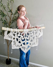 Load image into Gallery viewer, 3 foot Large half mandala macramé wall hanging with hanging crystal drops.