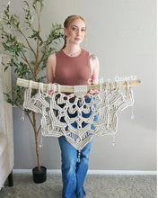 Load image into Gallery viewer, 3 foot Large half mandala macramé wall hanging with hanging crystal drops.