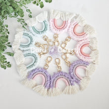 Load image into Gallery viewer, Macrame rainbow keychains. Colorful handcrafted boho accessories for keys and bags.