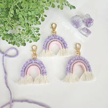 Load image into Gallery viewer, Macrame rainbow keychains. Colorful handcrafted boho accessories for keys and bags.