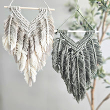 Load image into Gallery viewer, Macrame feathered wall hanging. Handmade boho wall decor. Textured fiber art for new house.