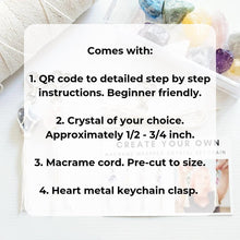 Load image into Gallery viewer, Macrame wrapped crystal keychain DIY craft kit. Handmade craft supply making kit. Craft kits for kids and adults. Crystal keychain tutorial.