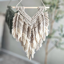 Load image into Gallery viewer, Macrame feathered wall hanging. Handmade boho wall decor. Textured fiber art for new house.
