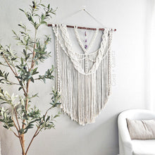 Load image into Gallery viewer, Large macrame wall hanging with amethyst crystals. Handmade boho living room and bedroom wall decor. Eco-friendly. Handmade small business
