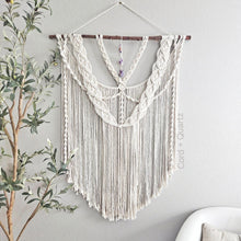 Load image into Gallery viewer, Large macrame wall hanging with amethyst crystals. Handmade boho living room and bedroom wall decor. Eco-friendly. Handmade small business