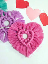 Load image into Gallery viewer, Macrame heart rear view mirror charm pdf pattern tutorial. Step by step. beginner friendly. valentines day mirror hanger.