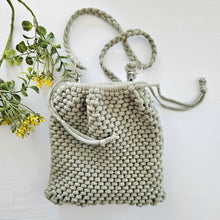 Load image into Gallery viewer, Drawstring adjustable macrame purse. Green cotton handmade macrame bag. Boho lovers gift.