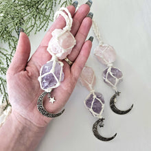 Load image into Gallery viewer, Macrame wrapped crystal rear view mirror charm. Amethyst and rose quartz. With moon charm.