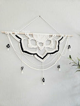 Load image into Gallery viewer, Clearance macrame half mandala wall hanging with crystals. Black tourmaline crystal art. Boho bedroom and living room home decor. Handmade.