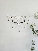 Load image into Gallery viewer, Clearance macrame half mandala wall hanging with crystals. Black tourmaline crystal art. Boho bedroom and living room home decor. Handmade.