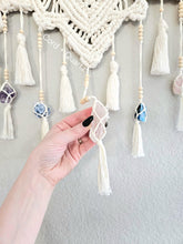 Load image into Gallery viewer, Clearance macrame half mandala wall hanging with real crystals. crystal art. Boho bedroom and living room home decor. Handmade.