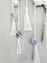 Load image into Gallery viewer, Clearance macrame half mandala wall hanging with real crystals. crystal art. Boho bedroom and living room home decor. Handmade.