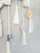 Load image into Gallery viewer, Clearance macrame half mandala wall hanging with real crystals. crystal art. Boho bedroom and living room home decor. Handmade.