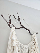 Load image into Gallery viewer, Clearance macrame wall hanging. Real Manzanita branch. Boho bedroom and living room home decor. Handmade.