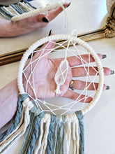 Load image into Gallery viewer, Clearance macrame dreamcatcher wall hanging with raw Quartz point crystal, Boho bedroom and living room home decor.