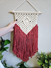 Load image into Gallery viewer, Clearance Red macrame wall hanging. Boho bedroom and living room home decor. customizable elegant and romantic home decor and art.