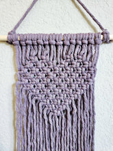 Load image into Gallery viewer, Clearance macrame heart wall hanging. Purple Boho bedroom and living room home decor. customizable elegant and romantic home decor and art.