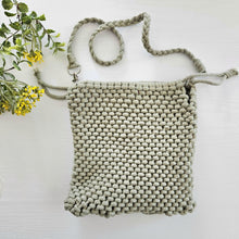 Load image into Gallery viewer, Drawstring adjustable macrame purse. Green cotton handmade macrame bag. Boho lovers gift.