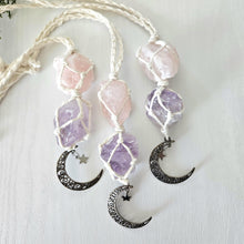 Load image into Gallery viewer, Macrame wrapped crystal rear view mirror charm. Amethyst and rose quartz. With moon charm.