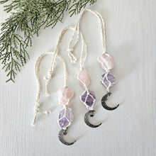 Load image into Gallery viewer, Macrame wrapped crystal rear view mirror charm. Amethyst and rose quartz. With moon charm.