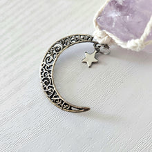 Load image into Gallery viewer, Macrame wrapped crystal rear view mirror charm. Amethyst and rose quartz. With moon charm.