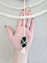 Load image into Gallery viewer, Clearance macrame half mandala wall hanging with crystals. Black tourmaline crystal art. Boho bedroom and living room home decor. Handmade.
