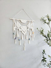 Load image into Gallery viewer, Clearance macrame half mandala wall hanging with real crystals. crystal art. Boho bedroom and living room home decor. Handmade.