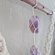 Load and play video in Gallery viewer, Large macrame wall hanging with amethyst crystals. Handmade boho living room and bedroom wall decor. Eco-friendly. Handmade small business