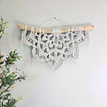 Load image into Gallery viewer, 3 foot Large half mandala macramé wall hanging with hanging crystal drops.