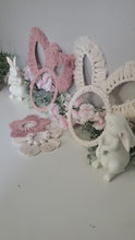 Load and play video in Gallery viewer, Macrame bunny ears decor. Easter and spring home and wall decor. Rabbit easter wreath. spring centerpiece. minimalist wall hangings