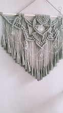 Load and play video in Gallery viewer, Large Macrame wall hanging. Dusty geen bohemian wall decor. Living room and bedroom wall hangings