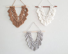 Load image into Gallery viewer, Macrame wall hangings, handmade boho wall decor, gender neutral nursery wall decor, small macrame bedroom wall decor
