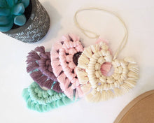 Load image into Gallery viewer, Macrame heart rear view mirror accessories, macrame heart car charms, car decor and accessories, easter and spring gift ideas.