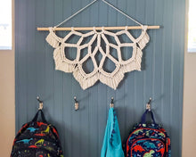 Load image into Gallery viewer, Macrame lotus flower mandala wall hanging for living room, bedroom, or nursery. Half mandala macrame. Boho home decor, summer decor
