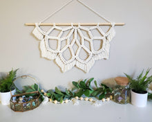 Load image into Gallery viewer, Macrame lotus flower mandala wall hanging for living room, bedroom, or nursery. Half mandala macrame. Boho home decor, summer decor