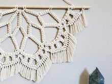 Load image into Gallery viewer, Large macrame half mandala wall hanging. Mandala wall art, bobo chic decor, romantic decor for bedroom, romantic gifts for her, home decor.