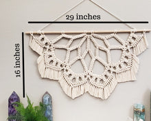 Load image into Gallery viewer, Large macrame half mandala wall hanging. Mandala wall art, bobo chic decor, romantic decor for bedroom, romantic gifts for her, home decor.