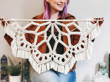 Load image into Gallery viewer, Large macrame half mandala wall hanging. Mandala wall art, bobo chic decor, romantic decor for bedroom, romantic gifts for her, home decor.
