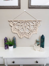 Load image into Gallery viewer, Large macrame half mandala wall hanging. Mandala wall art, bobo chic decor, romantic decor for bedroom, romantic gifts for her, home decor.