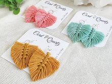 Load image into Gallery viewer, Sterling silver macrame earrings. Macrame dangle and drop earrings. Boho earrings. Leaf earrings. Feather earrings.