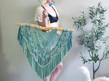 Load image into Gallery viewer, Macrame wall hanging. Green wall decor. bohemian wall decor. Boho wall art. Large macrame hanger.