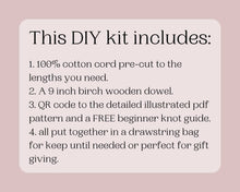 Load image into Gallery viewer, Beginner macrame heart wall hanging kit. Craft kits for adults and kids. Valentines day craft kit. Bohemian home and wall decor diy kit
