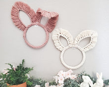Load image into Gallery viewer, Macrame bunny ears decor. Easter and spring home and wall decor. Rabbit easter wreath. spring centerpiece. minimalist wall hangings