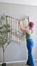 Load image into Gallery viewer, Large macrame feather wall hanging. Unique one of a kind bohemian home decor.
