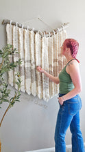 Load image into Gallery viewer, Large macrame feather wall hanging. Unique one of a kind bohemian home decor.
