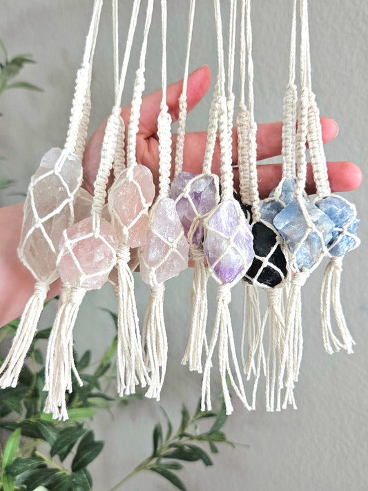 Crystal rear view mirror charm. Car accessories, macrame mirror hangers, metaphysical gifts and crystal accessories. Stocking stuffers