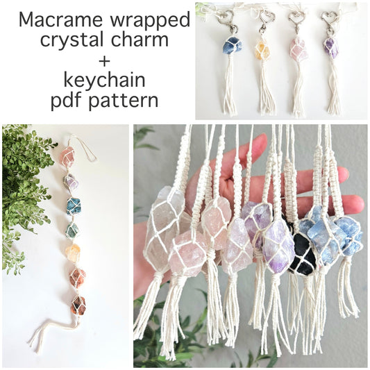 How to macrame wrap crystal charms and keychains PDF pattern. Step by step beginner tutorial.