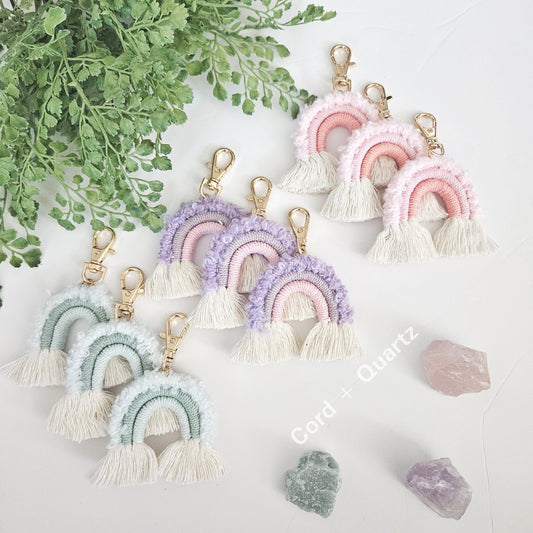 Macrame rainbow keychains. Colorful handcrafted boho accessories for keys and bags.