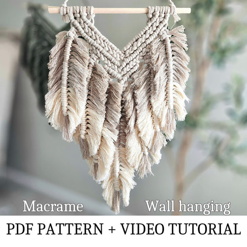 Macrame layered feather wall hanging PDF pattern + Video tutorial. Step by step macrame pattern. intermediate